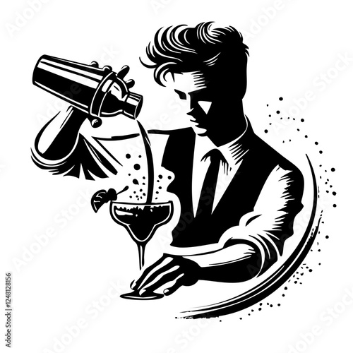 Stylized Bartender Mixing Cocktail in Black and White