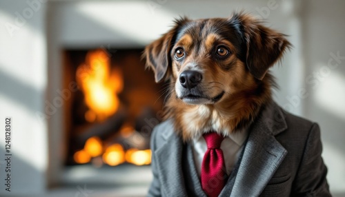 Dog in Suit Near Fireplace Winter Business Concept