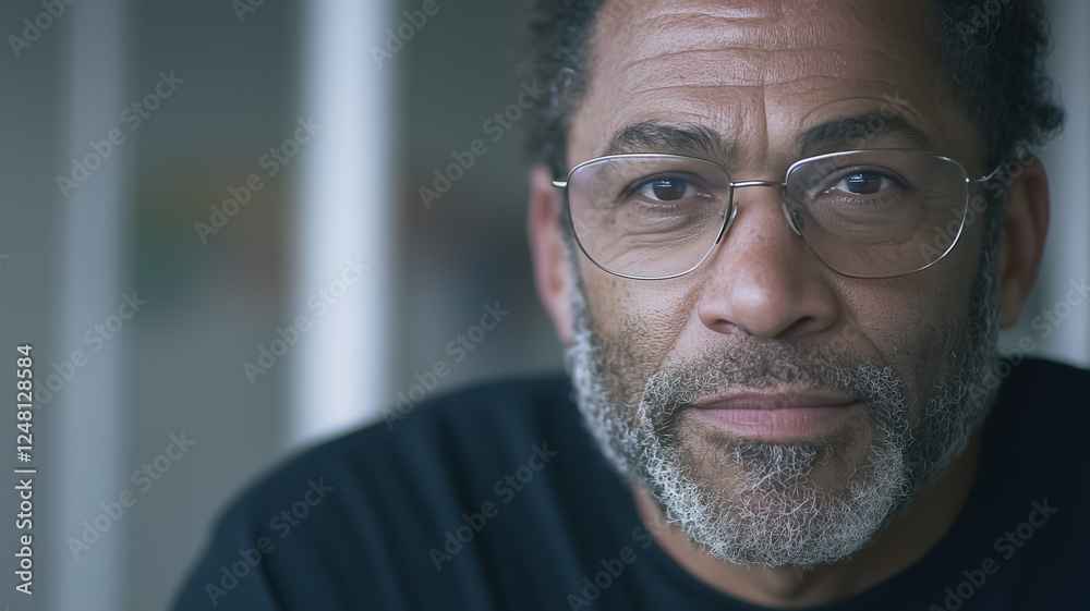 A close-up portrait of a mature man with a kind and determined expression, he's looking directly at the camera with thoughtful eyes, wearing glasses.