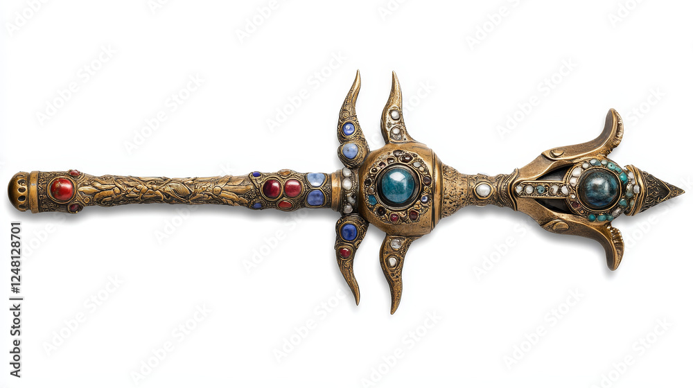 Obraz premium Poseidon or Neptune magic fantastic trident made of wood and metal. Cartoon vector illustration set of mythology harpoon or pitchfork decorated with gemstones for nautical god with magic power.