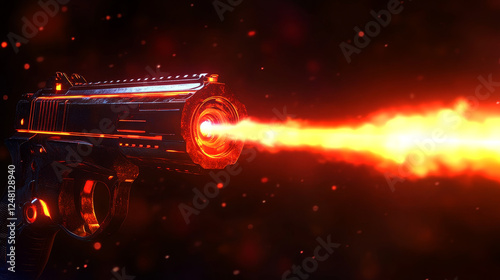 Space blasters and guns with shoot effect with laser, fire and plasma beams. Vector cartoon collection of futuristic alien weapons with energy rays, lightning and flash photo