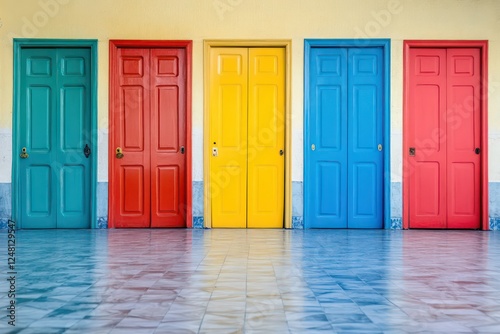 A row of closed doors in vibrant colors like red  blue  yellow  and green  symbolizing choices and opportunities.