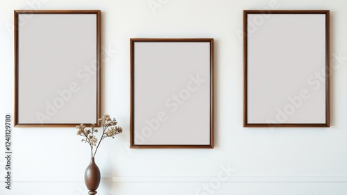 Three Empty Wooden Picture Frames on a White Wall with Dried Flowers in a Vase