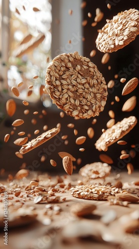 Floating Ancient Grain Cookies with Almonds in Rustic Light