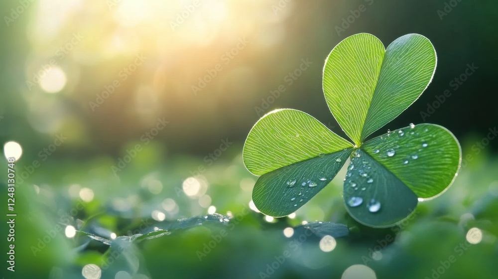 Vibrant green clover with dew drops bathed in golden sunlight, symbolizing luck and renewal in nature's embrace. Vibrant green clover with dew drops bathed in golden sunlight, symbolizing luck and renewal in nature's embrace.