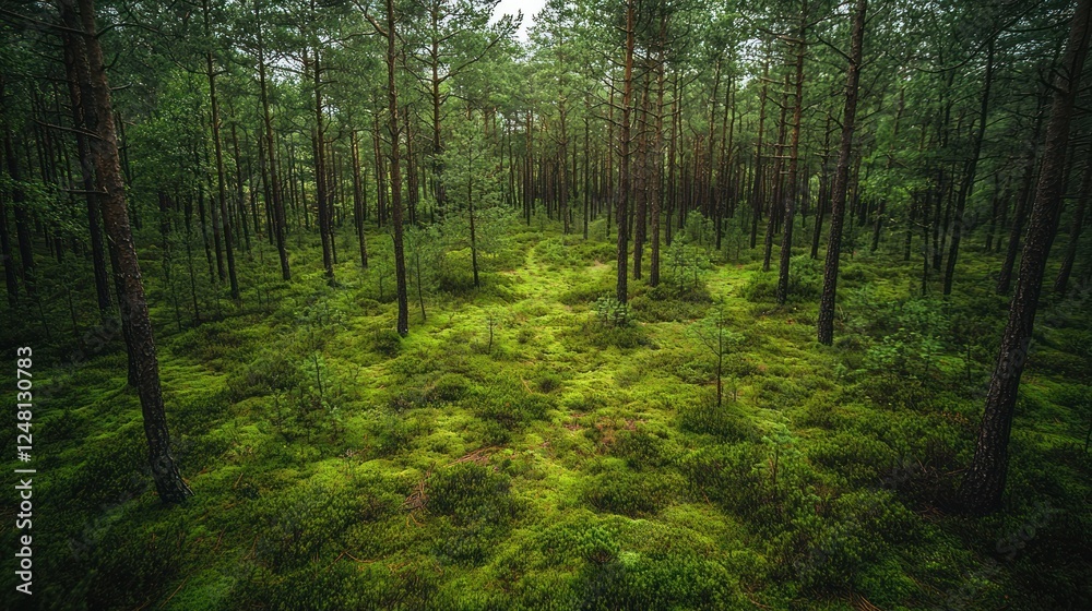 Fototapeta premium Lush green moss forest path, aerial view