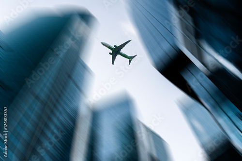 Photography Airplane flying on business skyscrapers of financial center