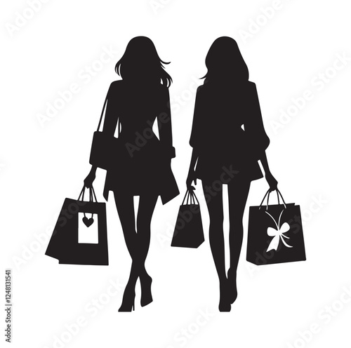 Two female friends shopping silhouette vector illustration