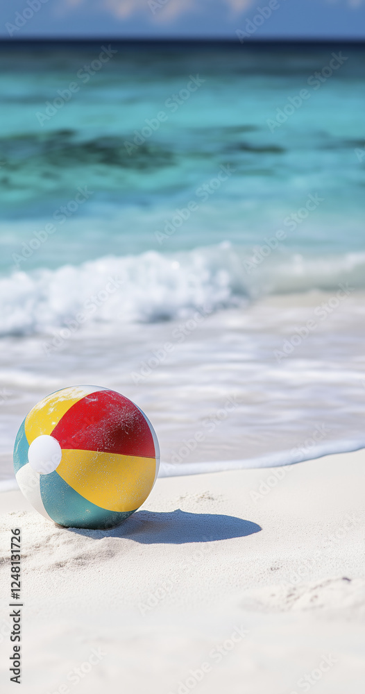 Obraz premium colorful beach ball rests on white sandy shore, surrounded by gentle waves and serene ocean backdrop