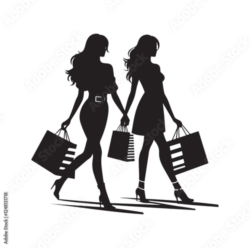 Two female friends shopping silhouette vector illustration