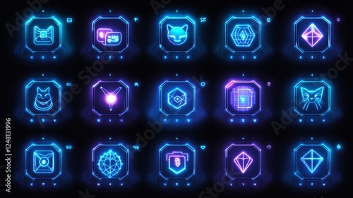 Futuristic Neon UI Game Icons Set Glowing Interface Design Elements