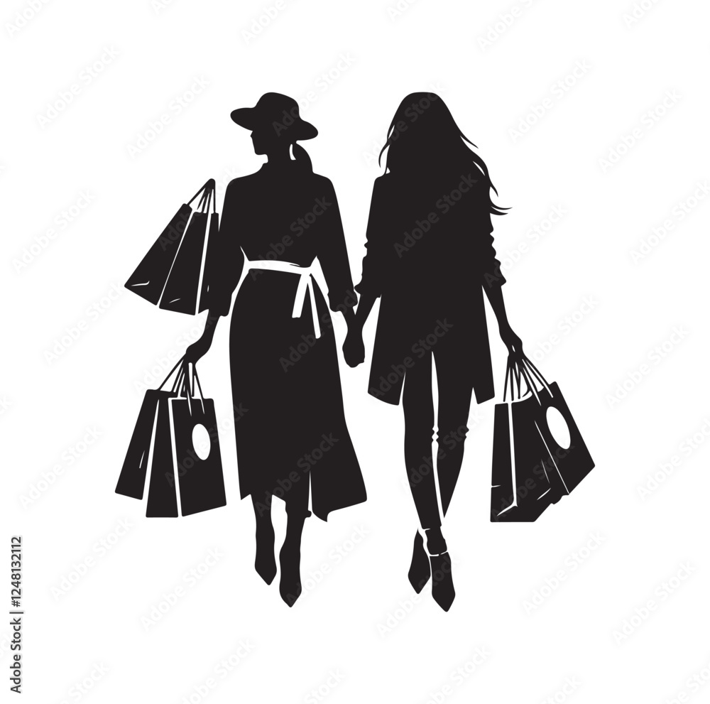 Two female friends shopping silhouette vector illustration Two female friends shopping silhouette vector illustration