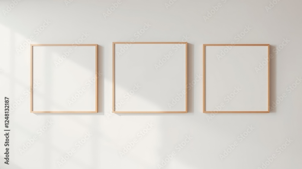 Three blank picture frames on a white wall bathed in sunlight, ideal for interior design and home decor mockups Three blank picture frames on a white wall bathed in sunlight, ideal for interior design and home decor mockups