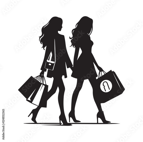 Two female friends shopping silhouette vector illustration
