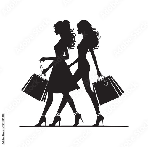 Two female friends shopping silhouette vector illustration