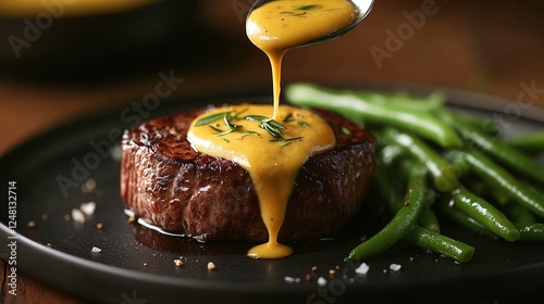 Close-up studio shot of a spoon pouring rich béarnaise sauce over a perfectly cooked filet mignon, served with fresh green beans on a black plate, captured in warm lighting with a low-angle perspectiv photo