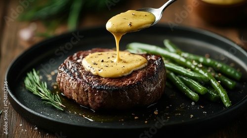 Close-up studio shot of a spoon pouring rich béarnaise sauce over a perfectly cooked filet mignon, served with fresh green beans on a black plate, captured in warm lighting with a low-angle perspectiv photo