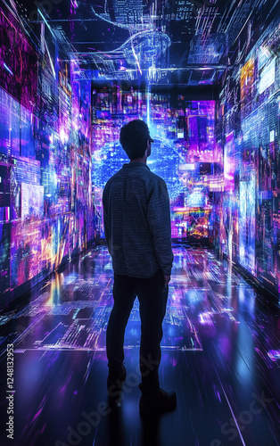 man stands in center of immersive room filled with vibrant digital visuals, creating futuristic atmosphere