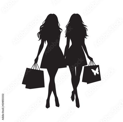 Two female friends shopping silhouette vector illustration