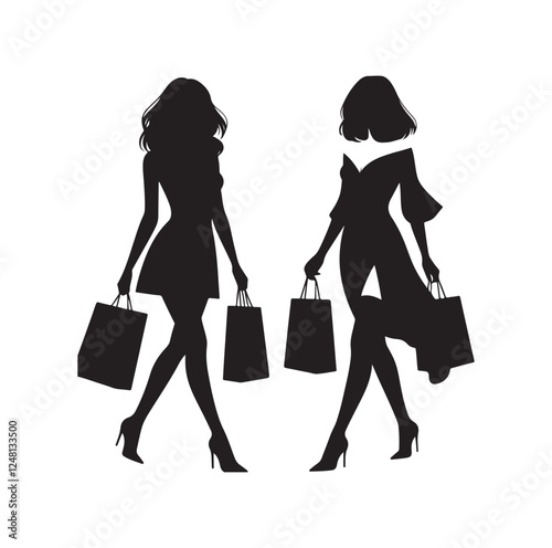Two female friends shopping silhouette vector illustration