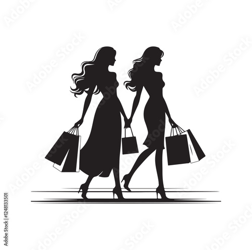 Two female friends shopping silhouette vector illustration