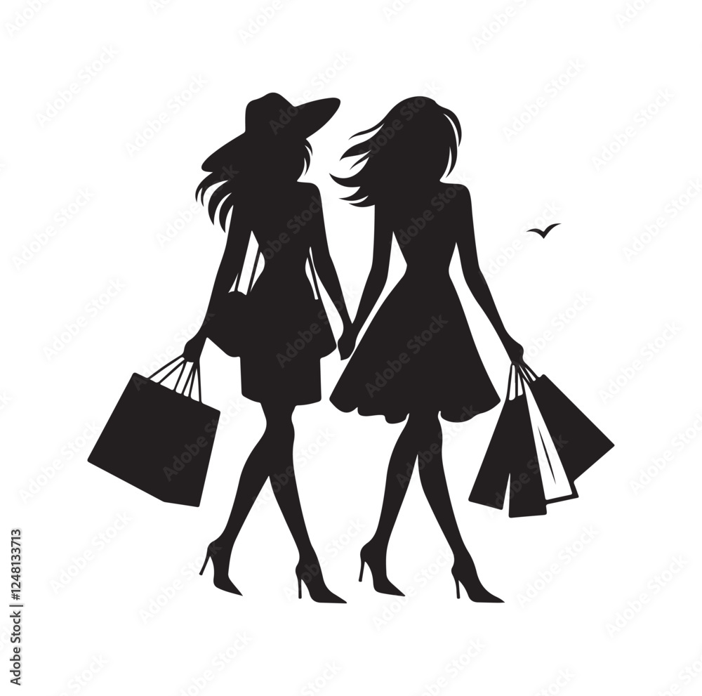 Two female friends shopping silhouette vector illustration Two female friends shopping silhouette vector illustration