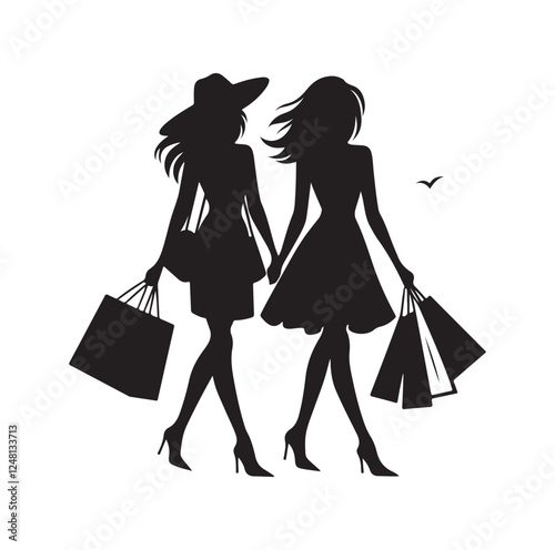 Two female friends shopping silhouette vector illustration