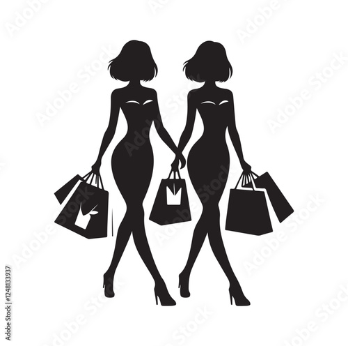 Two female friends shopping silhouette vector illustration