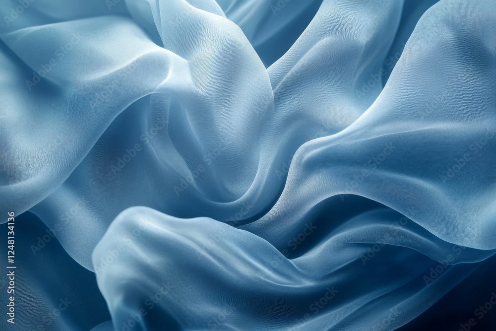 Obraz premium Blue silk fabric drapes, studio shot, flowing waves, dark background, textile design