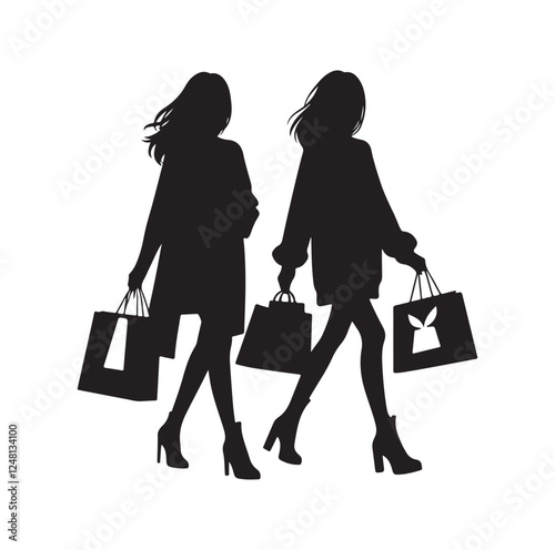 Two female friends shopping silhouette vector illustration