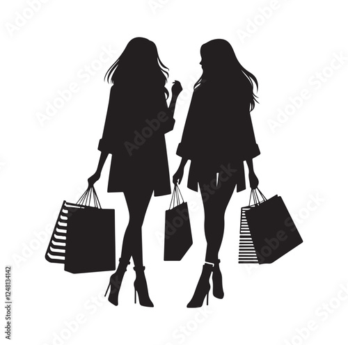 Two female friends shopping silhouette vector illustration