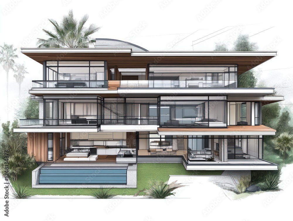 Modern house design featuring multiple levels and a swimming pool Modern house design featuring multiple levels and a swimming pool