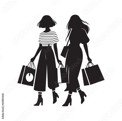 Two female friends shopping silhouette vector illustration