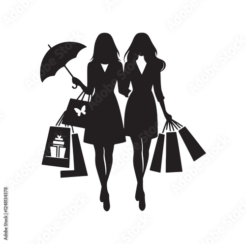 Two female friends shopping silhouette vector illustration