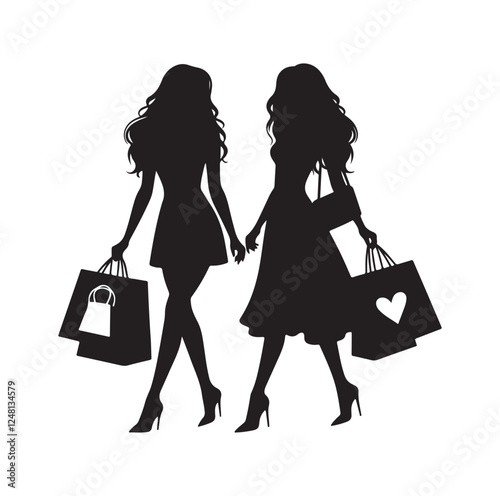 Two female friends shopping silhouette vector illustration
