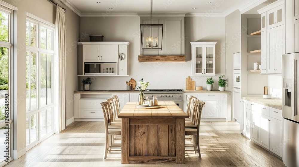 Fototapeta premium Bright modern kitchen with a wooden dining table and sunlight streaming in