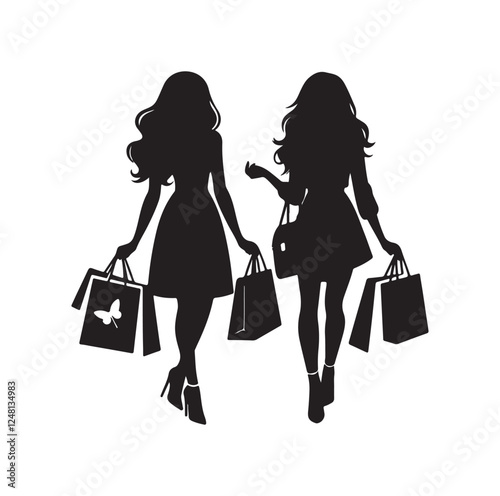 Two female friends shopping silhouette vector illustration
