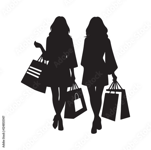 Two female friends shopping silhouette vector illustration