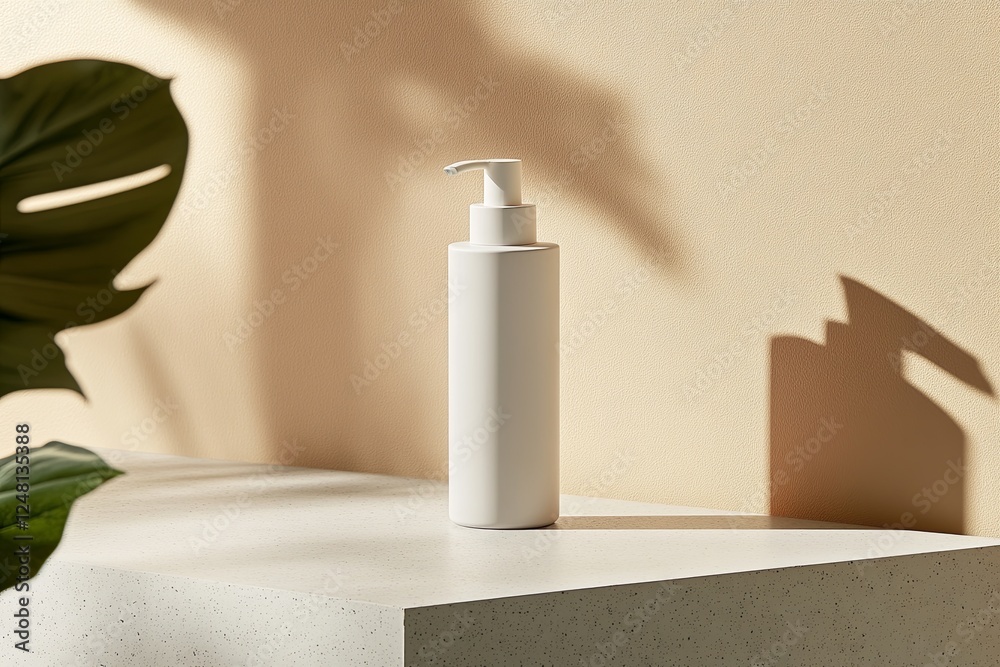 Matte white lotion pump bottle standing on a smooth ceramic surface, soft pastel background Matte white lotion pump bottle standing on a smooth ceramic surface, soft pastel background