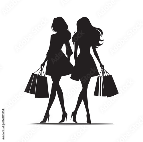 Two female friends shopping silhouette vector illustration