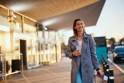 Happy female traveler with suitcase and cell phone at departure area. photo