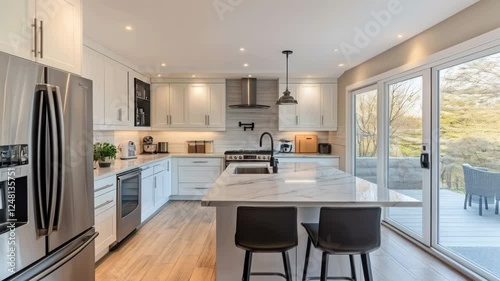 Modern Kitchen Design with Island and Deck View