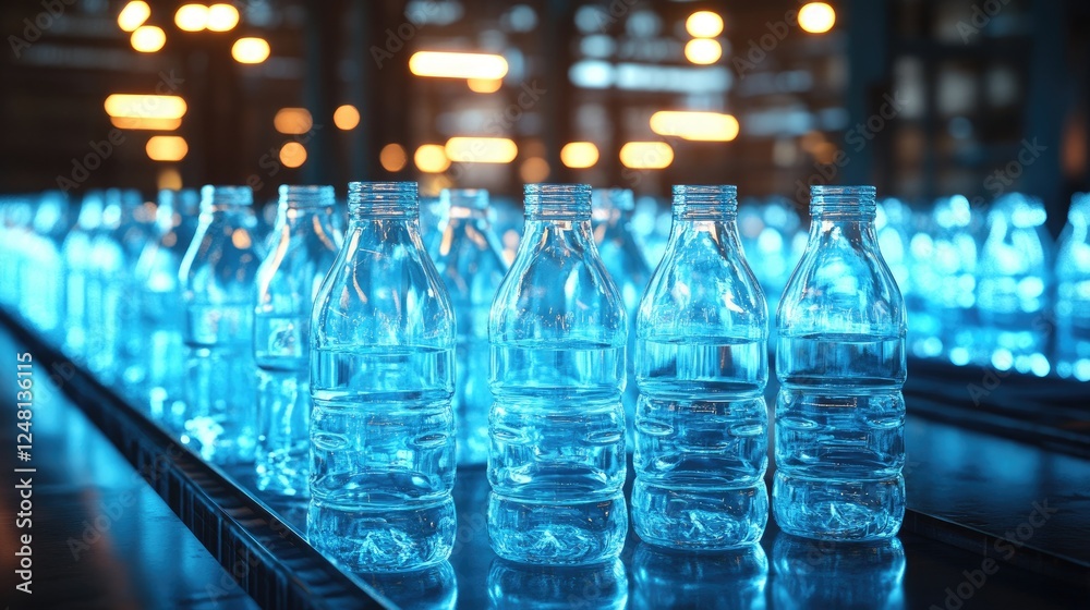 A group of glass bottles gleams under factory lights, ready for transformation into new products, with surrounding sketches emphasizing their potential for reuse and sustainable production. A group of glass bottles gleams under factory lights, ready for transformation into new products, with surrounding sketches emphasizing their potential for reuse and sustainable production.