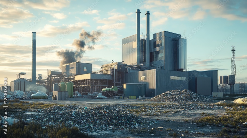 A high-tech recycling plant converting medical waste into biodegradable materials using advanced automation and AI, showcasing eco-friendly processing and innovation. A high-tech recycling plant converting medical waste into biodegradable materials using advanced automation and AI, showcasing eco-friendly processing and innovation.
