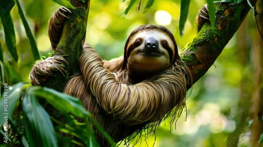Happy sloth hanging on a tree branch in lush rainforest.