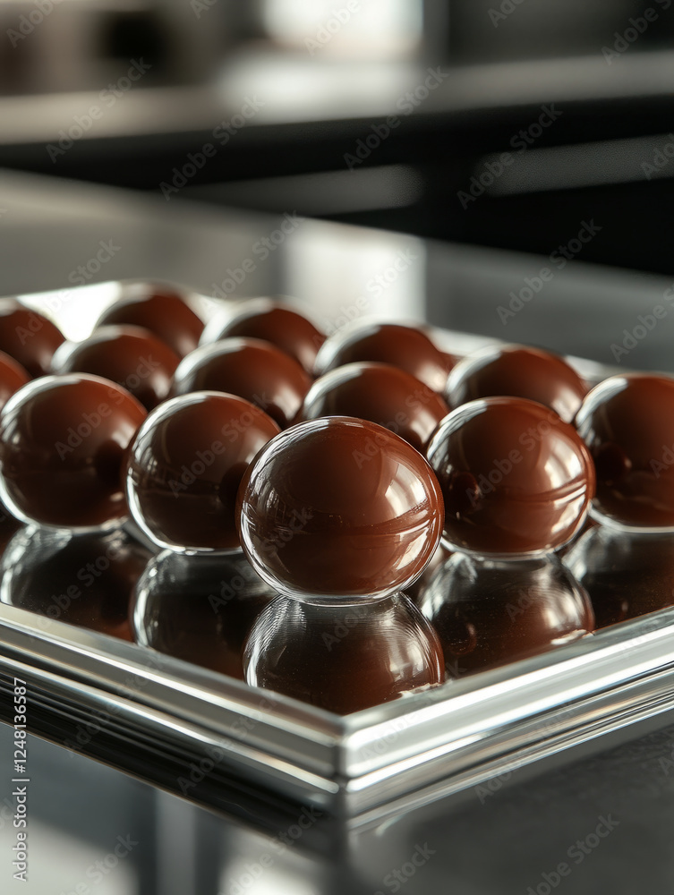 Obraz premium Chocolate spheres on a reflective surface.