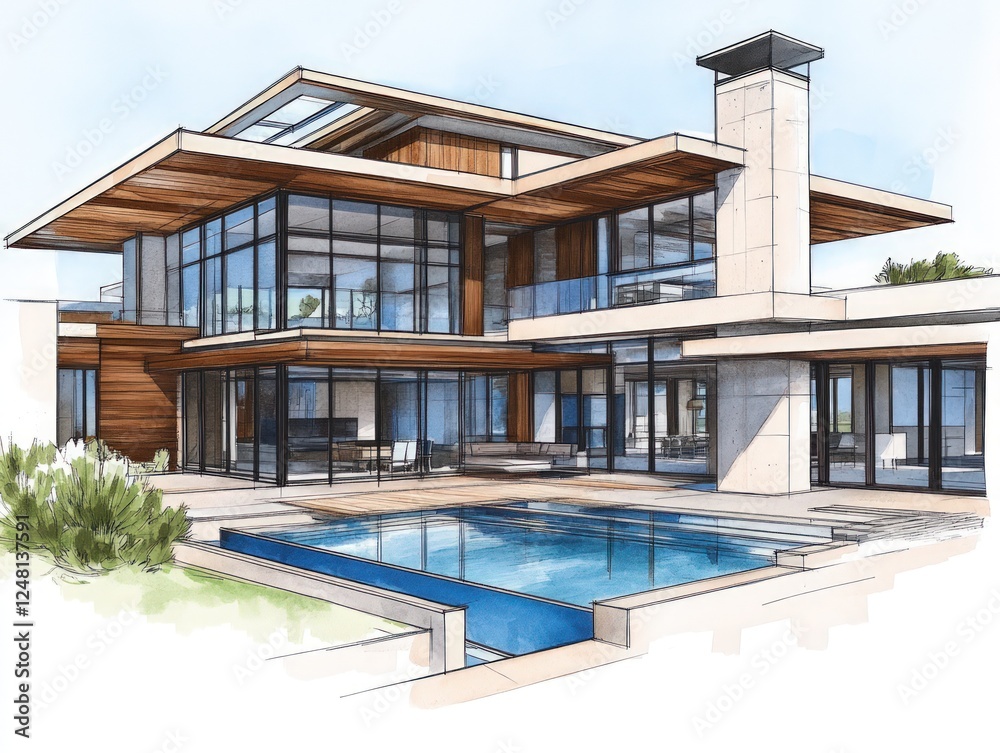 Fototapeta premium Architecturally impressive contemporary house design showcasing large windows and a pool