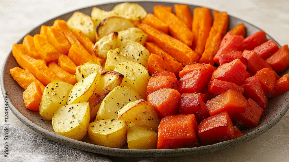 Roasted vegetables neatly arranged on a plate. Roasted vegetables neatly arranged on a plate.