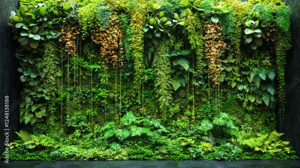 Obraz premium Lush green vertical garden wall, indoor setting, nature backdrop, home decor