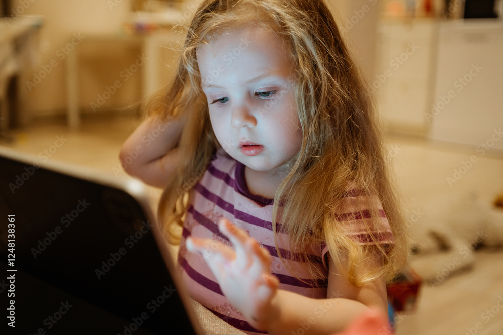 Fototapeta premium A beautiful little girl sits on a cozy sofa, intently focused on a tablet. She plays and learns with curiosity and joy. The soft focus highlights the warm and relaxed atmosphere of modern childhood